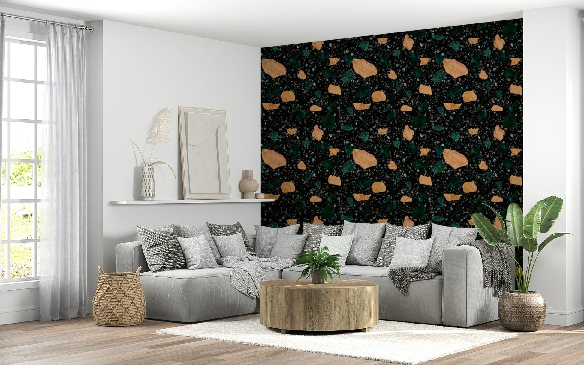 Abstract composite pattern features bold Midnight Stone Terrazzo color chips wallpaper., GD6821