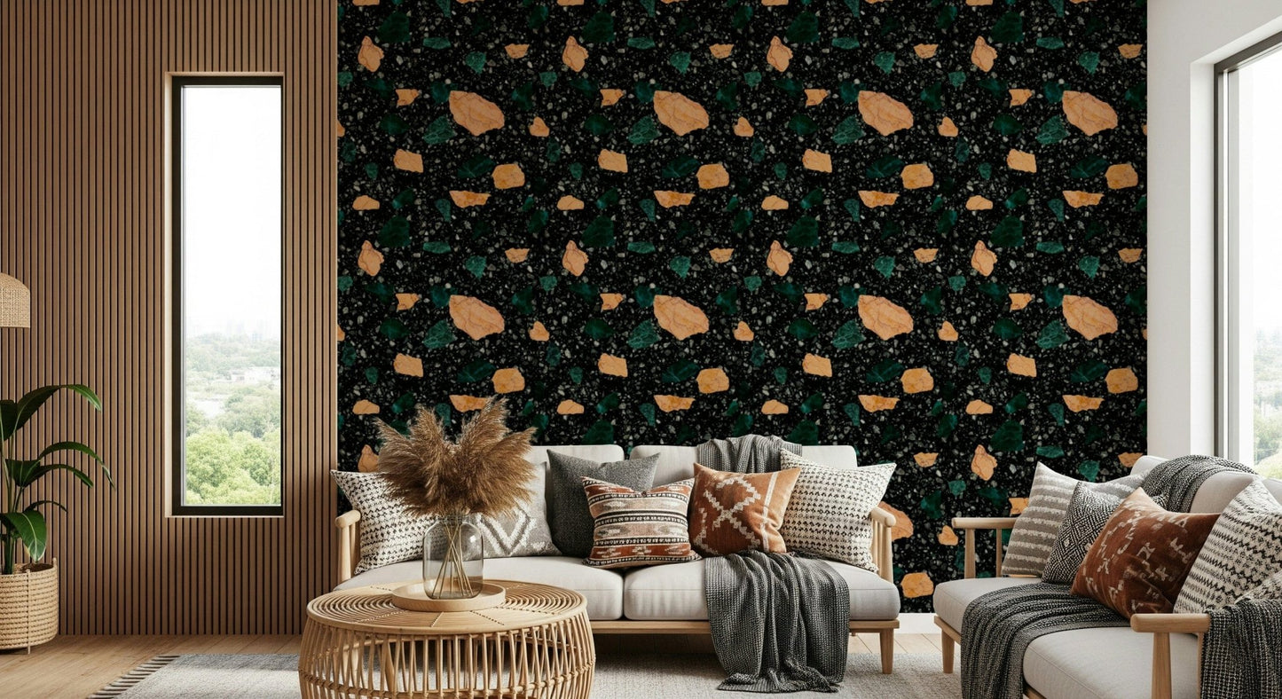 Fractured orange and teal pieces on Midnight Stone Terrazzo wallpaper surface., GD6821