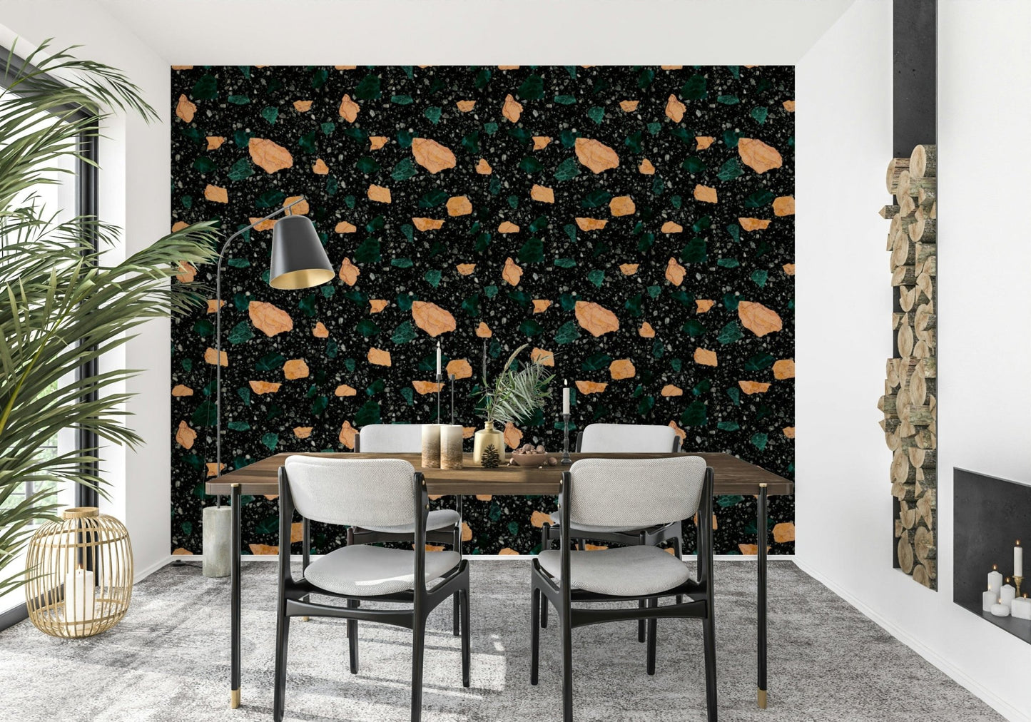 Shards of bright color fill the Midnight Stone Terrazzo speckled wallpaper surface., GD6821