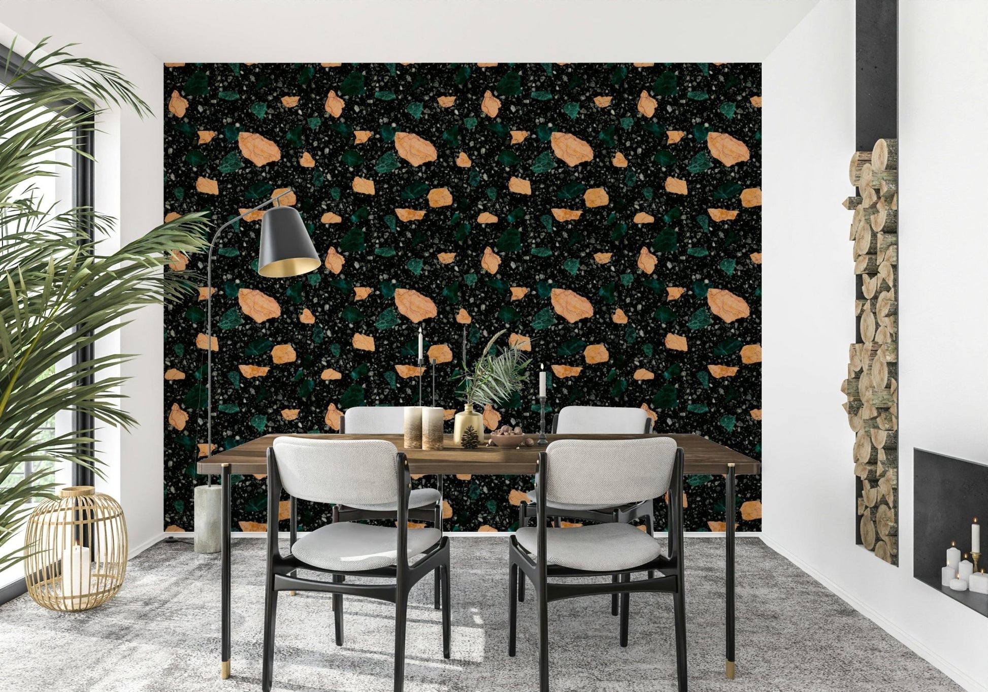 Shards of bright color fill the Midnight Stone Terrazzo speckled wallpaper surface., GD6821