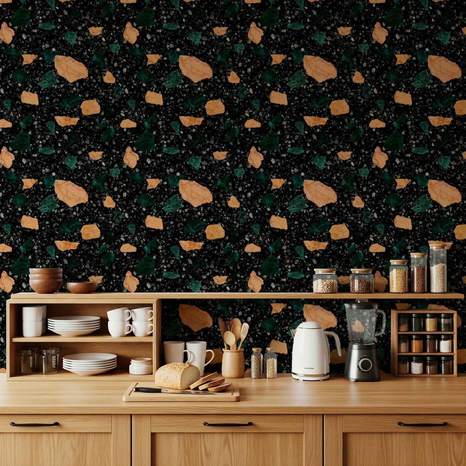 Black stone matrix holds vibrant chunks for Midnight Stone Terrazzo mural., GD6821