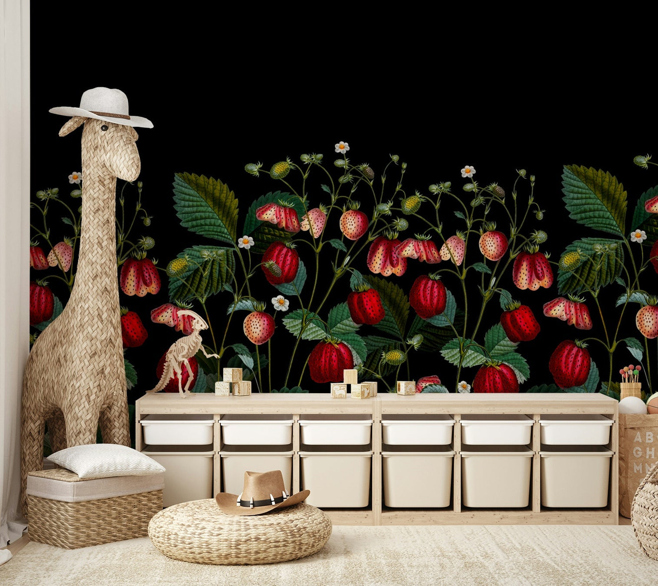 Midnight strawberry garden wall mural in dark tones

