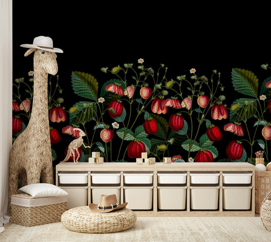Midnight strawberry garden wall mural in dark tones

