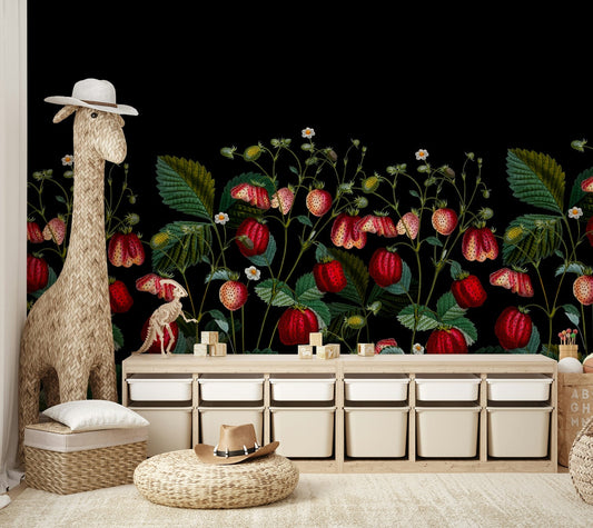 Midnight strawberry garden wall mural in dark tones

