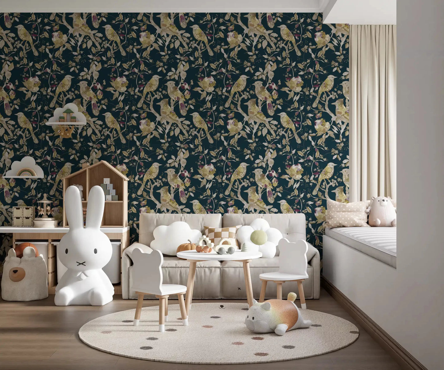 Flowing botanical branches give Midnight Teal Garden Birds Wallpaper movement, GD9472