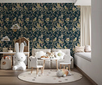 Flowing botanical branches give Midnight Teal Garden Birds Wallpaper movement, GD9472