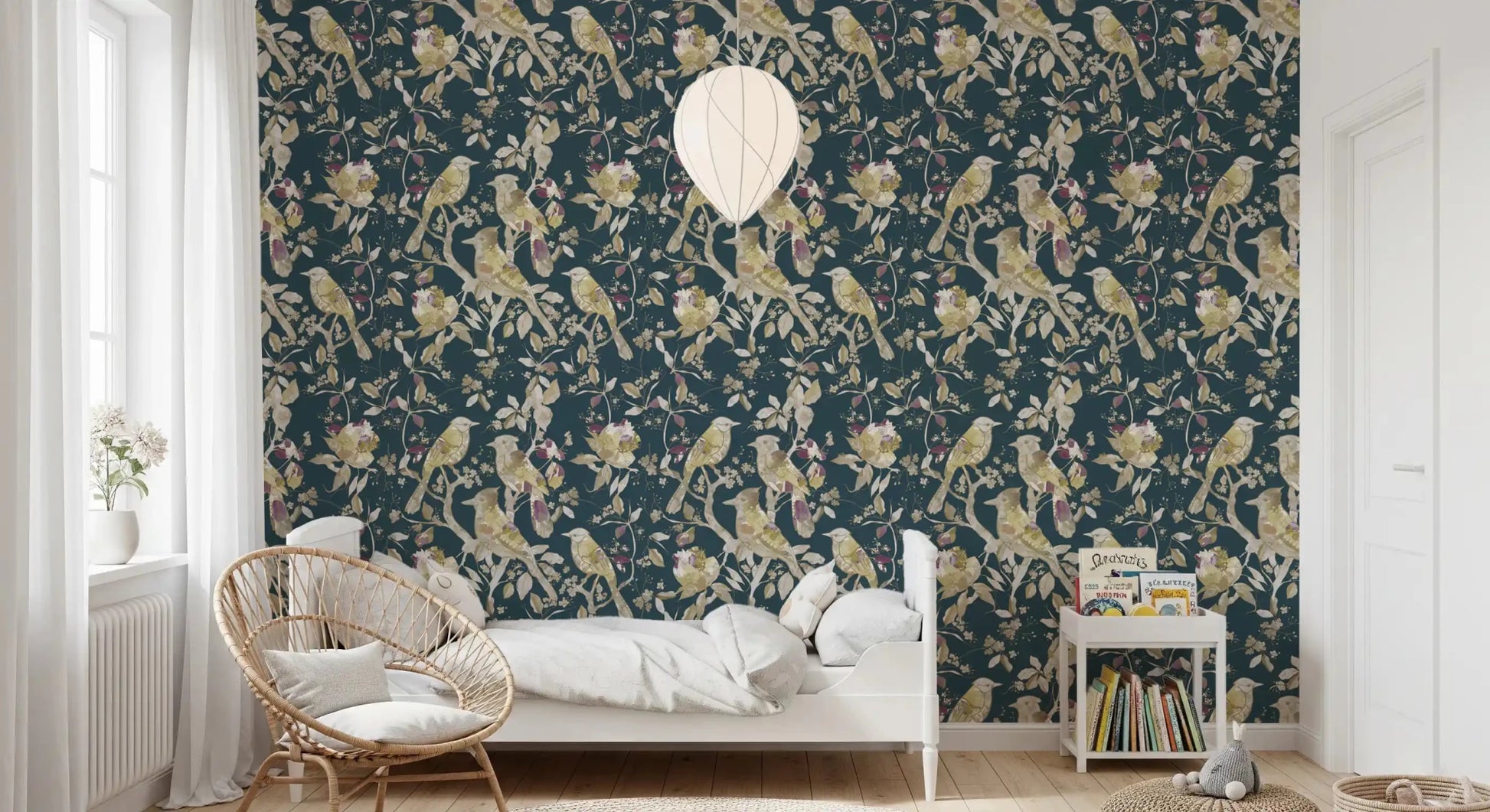 Deep teal tones enrich Midnight Teal Garden Birds Wallpaper with depth, GD9472