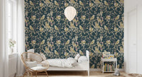 Deep teal tones enrich Midnight Teal Garden Birds Wallpaper with depth, GD9472