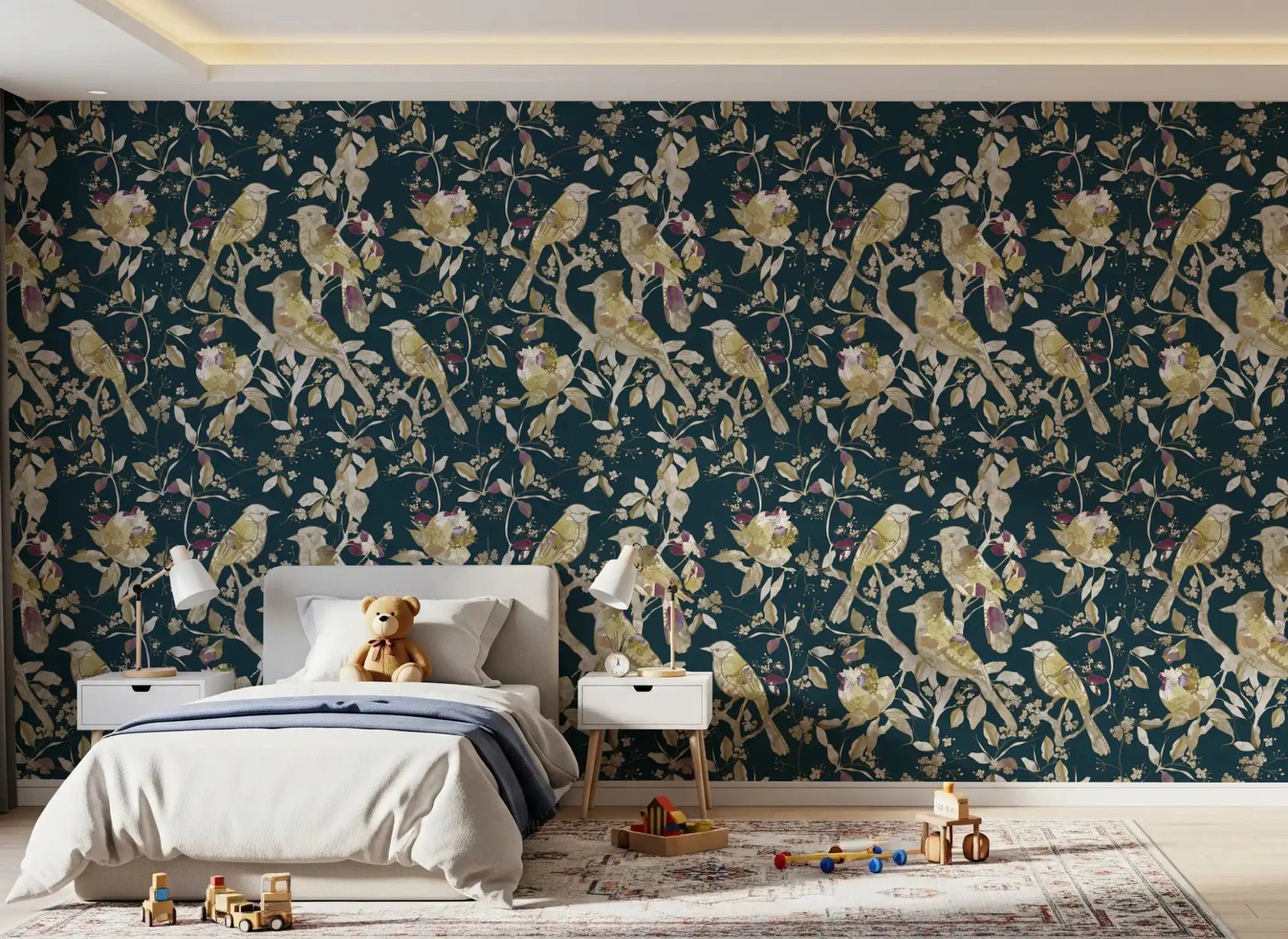 Layered blossoms shape Midnight Teal Garden Birds Wallpaper beautifully, GD9472