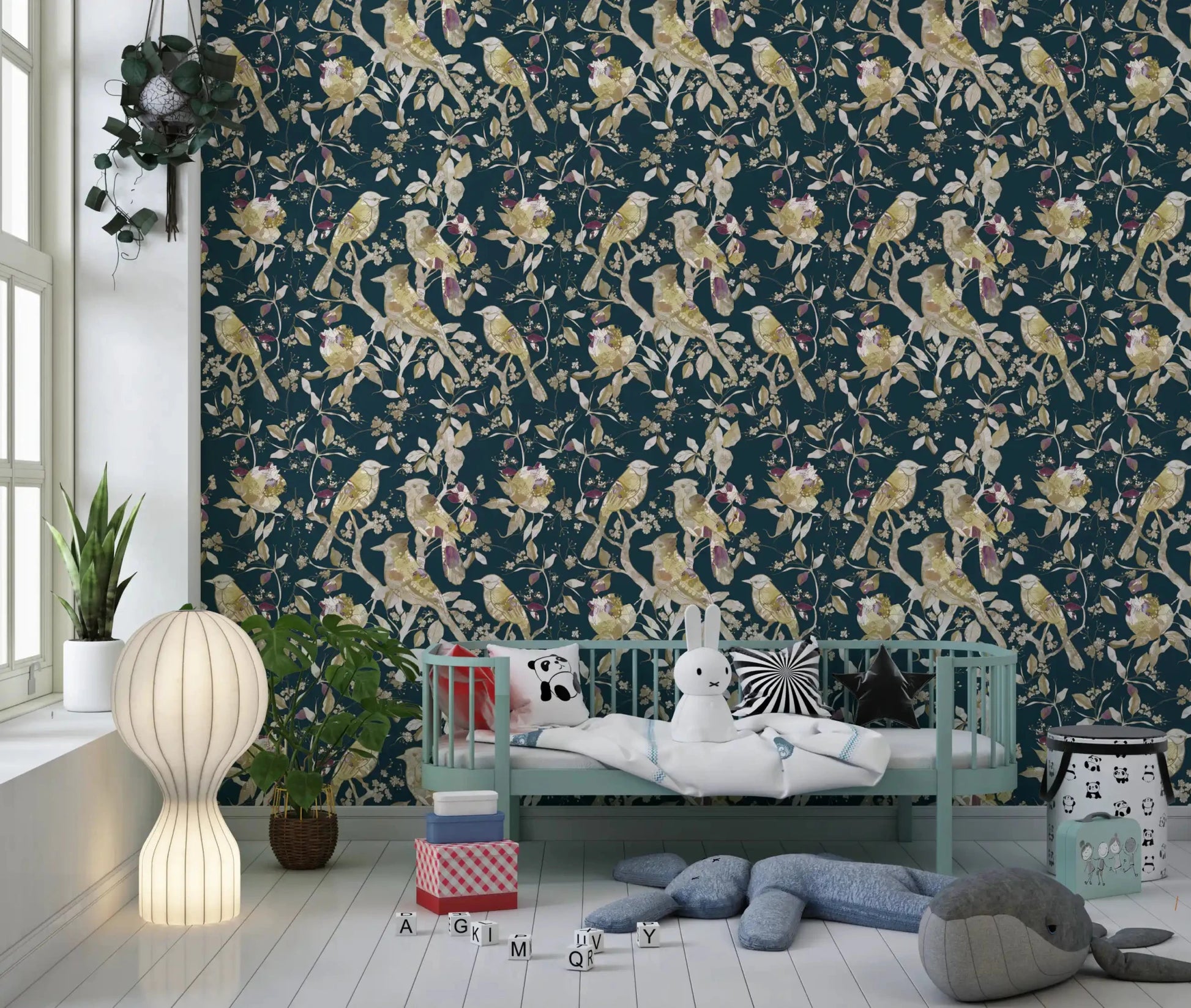 Delicate bird motifs define Midnight Teal Garden Birds Wallpaper clearly, GD9472