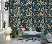 Delicate bird motifs define Midnight Teal Garden Birds Wallpaper clearly, GD9472
