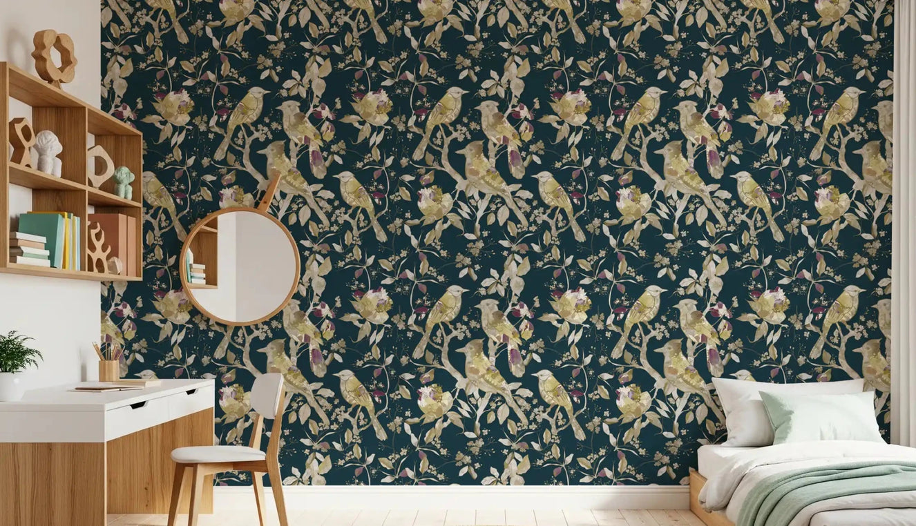 Soft bedroom styled in Midnight Teal Garden Birds Wallpaper with birds