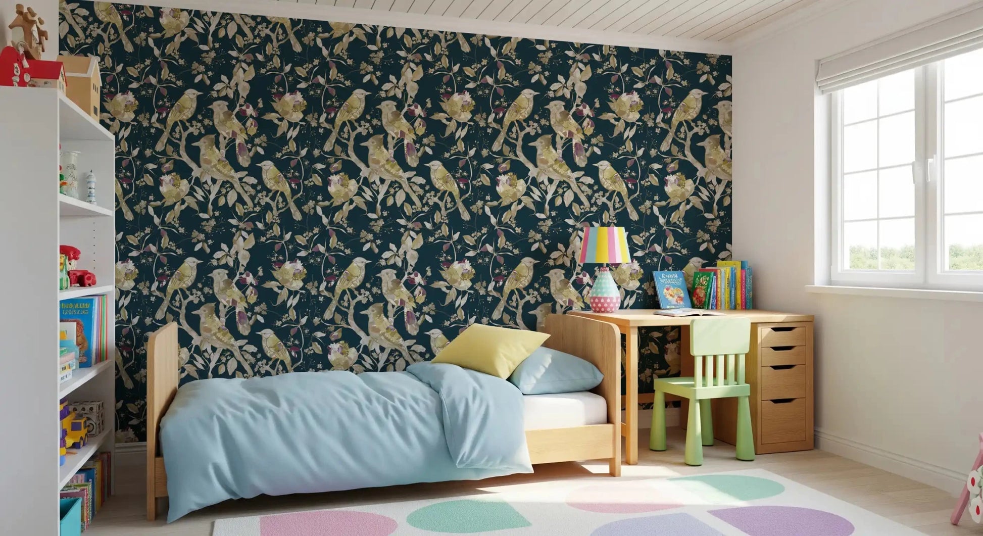 Vintage garden styling marks Midnight Teal Garden Birds Wallpaper softly, GD9472