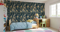 Vintage garden styling marks Midnight Teal Garden Birds Wallpaper softly, GD9472