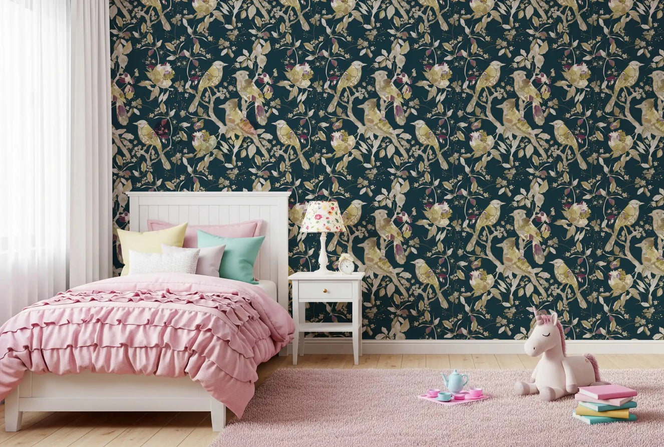 Bright Girls bedroom featuring Midnight Teal Garden Birds Wallpaper and branches