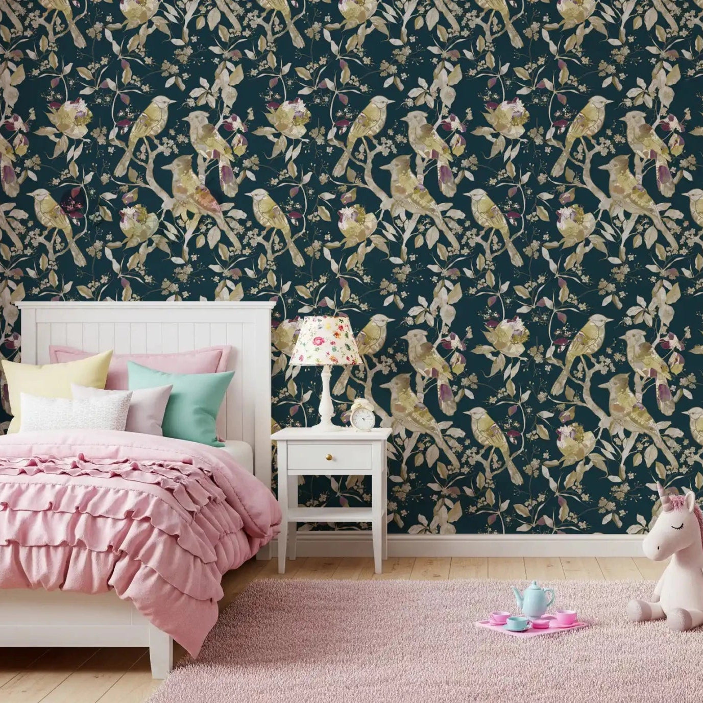 Bright Girls bedroom featuring Midnight Teal Garden Birds Wallpaper and branches, GD9472