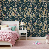 Bright Girls bedroom featuring Midnight Teal Garden Birds Wallpaper and branches, GD9472