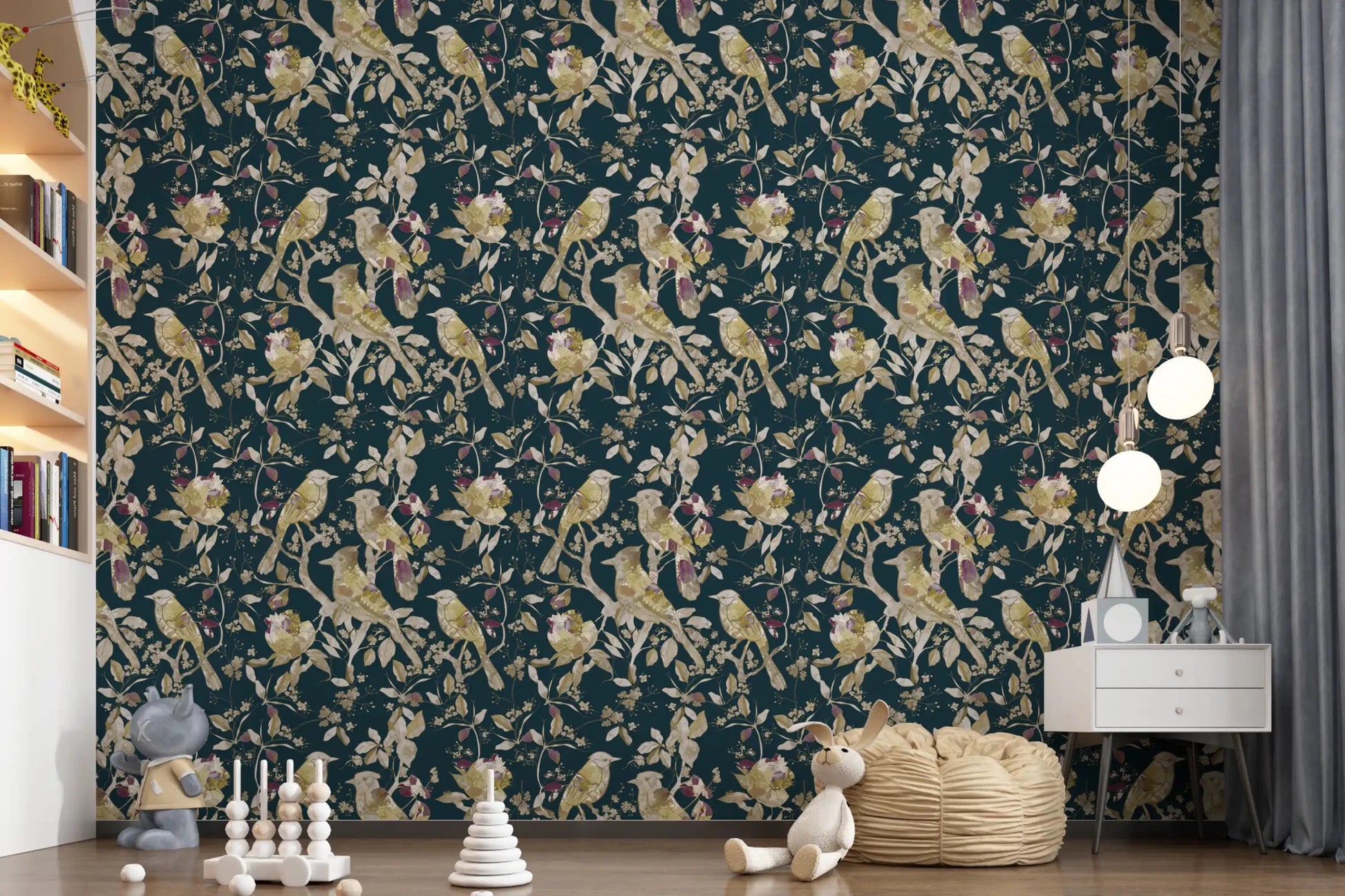 Kids play area wall with Midnight Teal Garden Birds Wallpaper on teal, GD9472