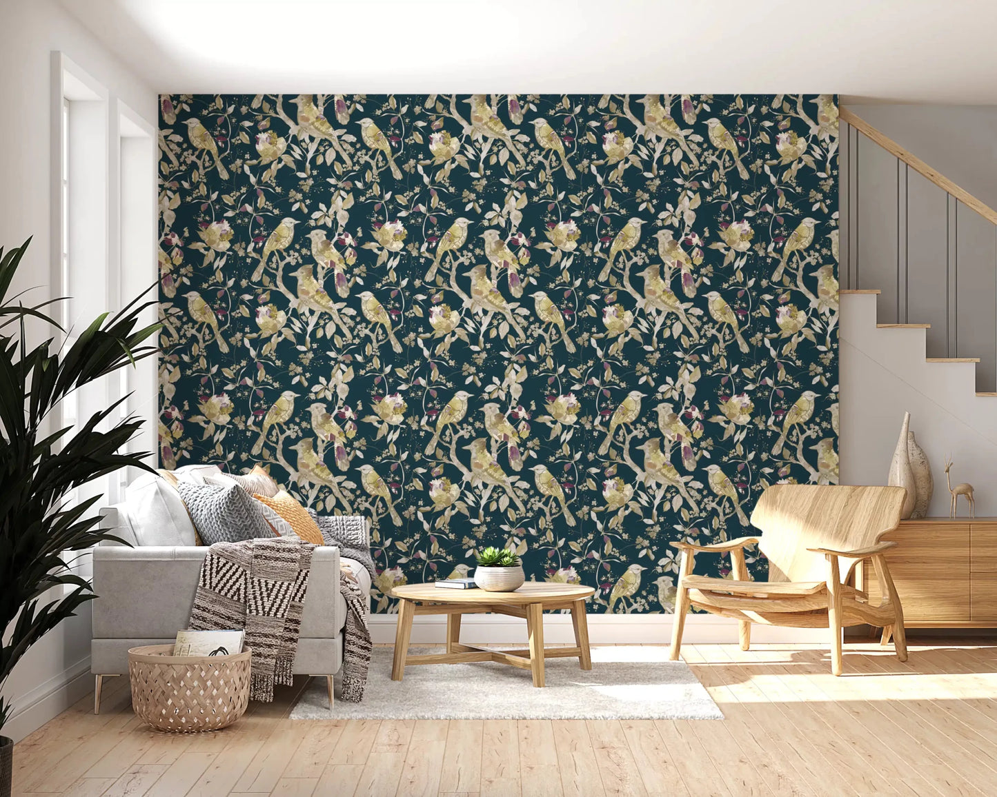 Elegant living room with Midnight Teal Garden Birds Wallpaper and blooms, GD9472