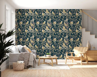 Elegant living room with Midnight Teal Garden Birds Wallpaper and blooms, GD9472