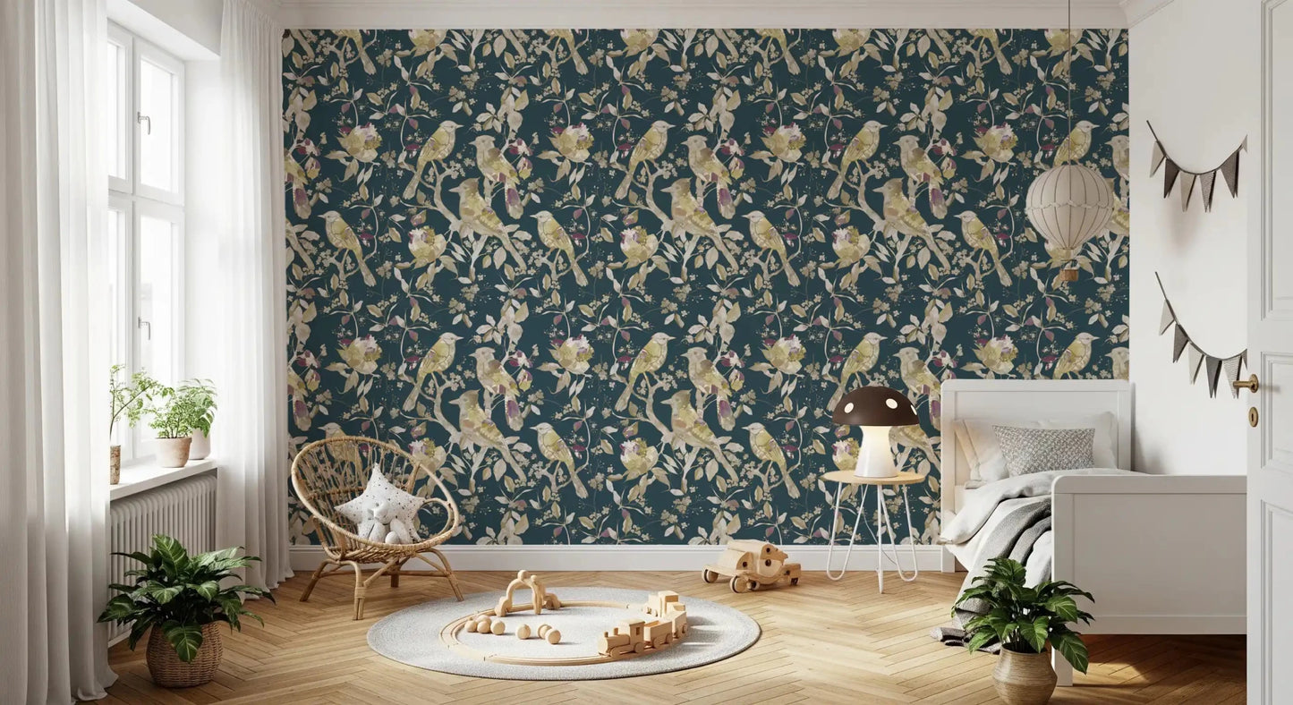 Cream floral accents lift Midnight Teal Garden Birds Wallpaper gently, GD9472