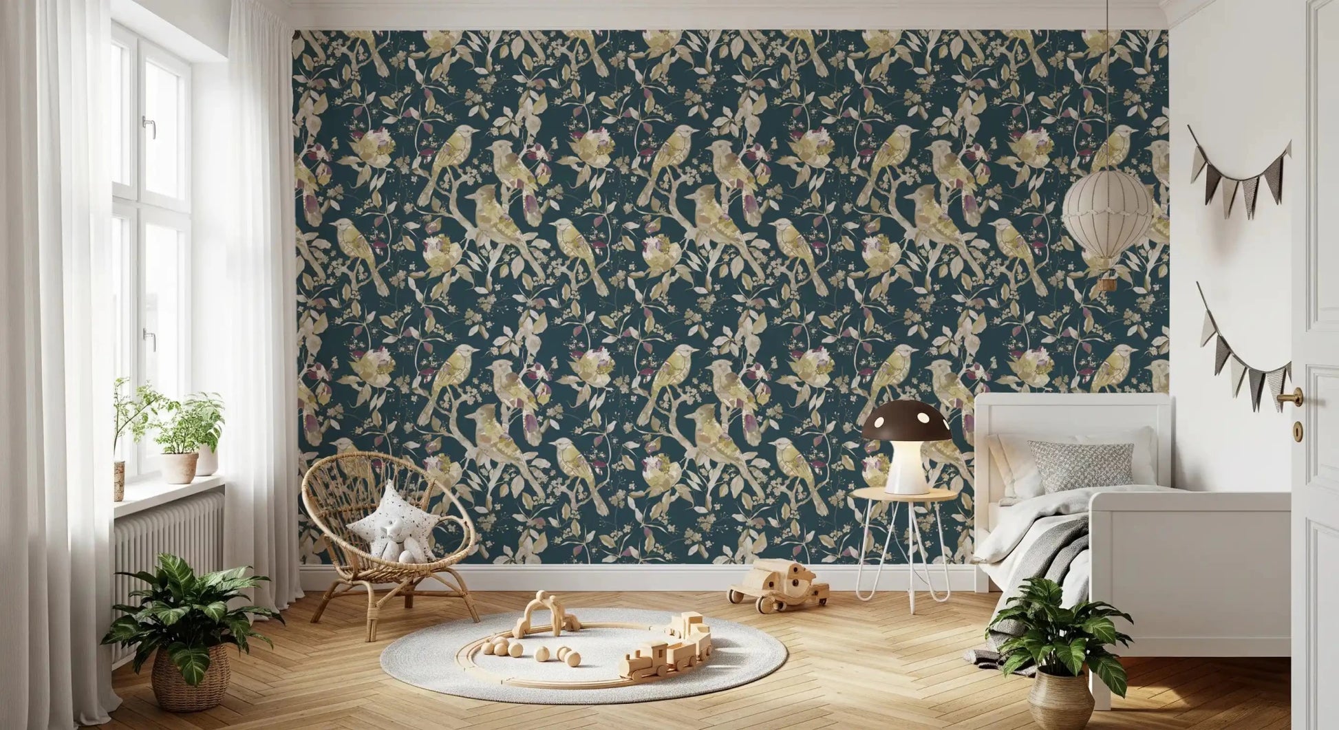 Cream floral accents lift Midnight Teal Garden Birds Wallpaper gently, GD9472