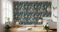 Cream floral accents lift Midnight Teal Garden Birds Wallpaper gently, GD9472
