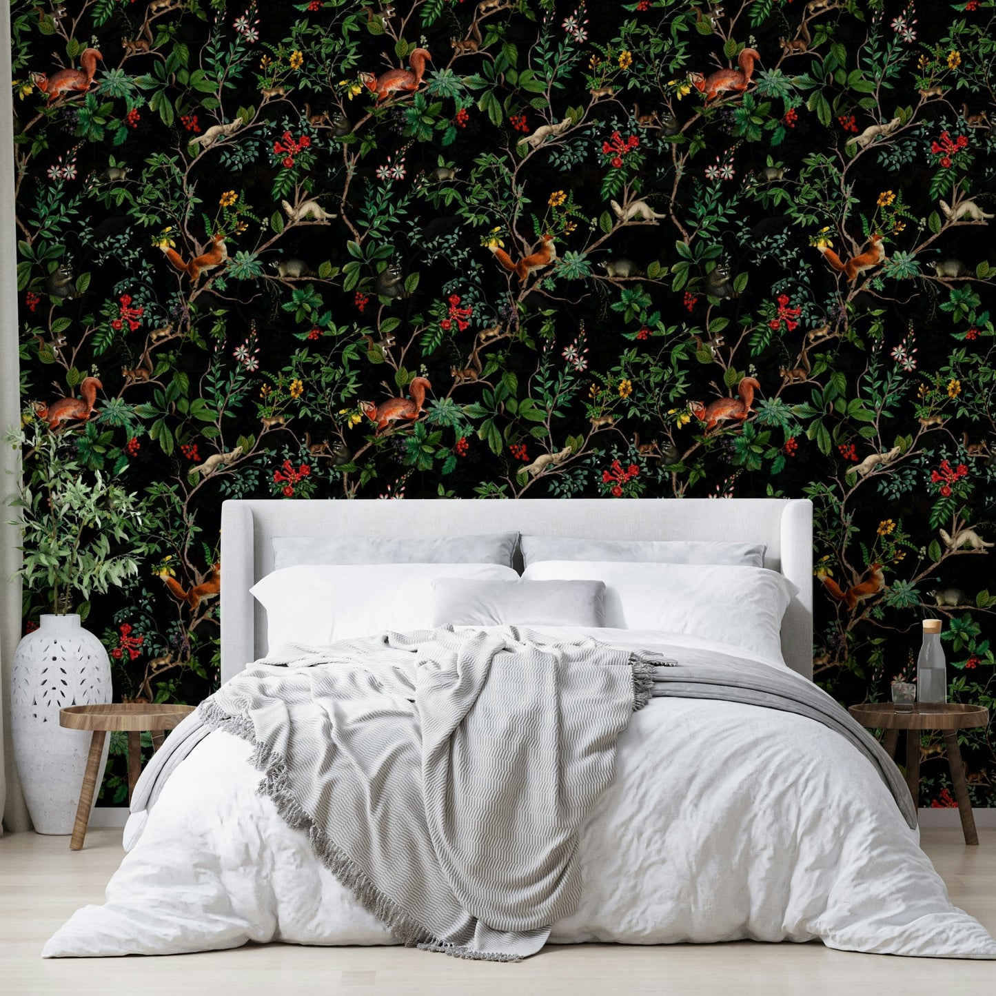 a painting of a forest at night

