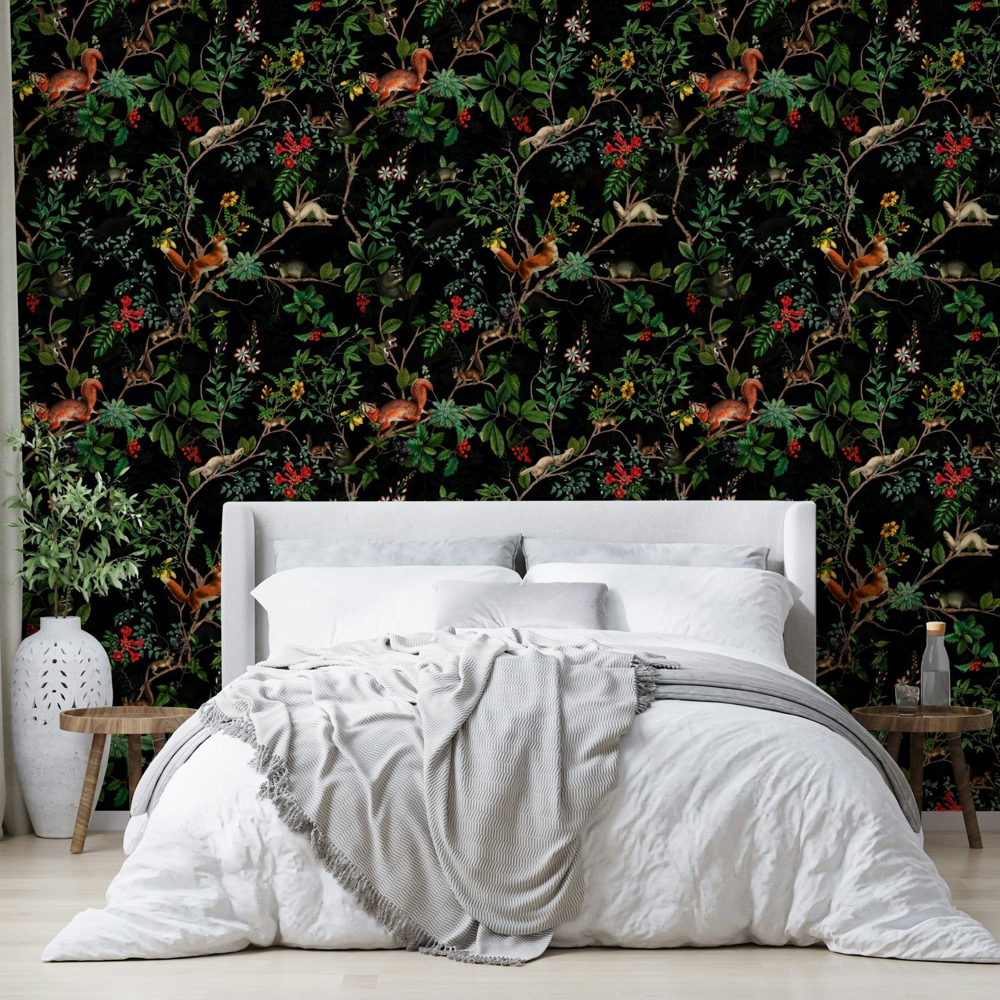 a painting of a forest at night

