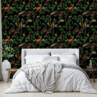 a painting of a forest at night

