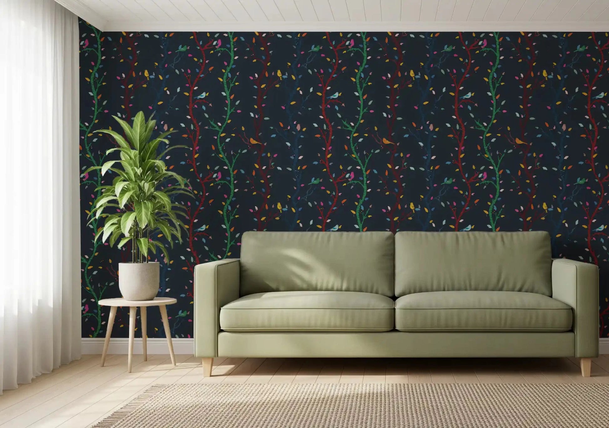 living space decorated with the Woodland Birds and Branches wallpaper.⁠GD9465