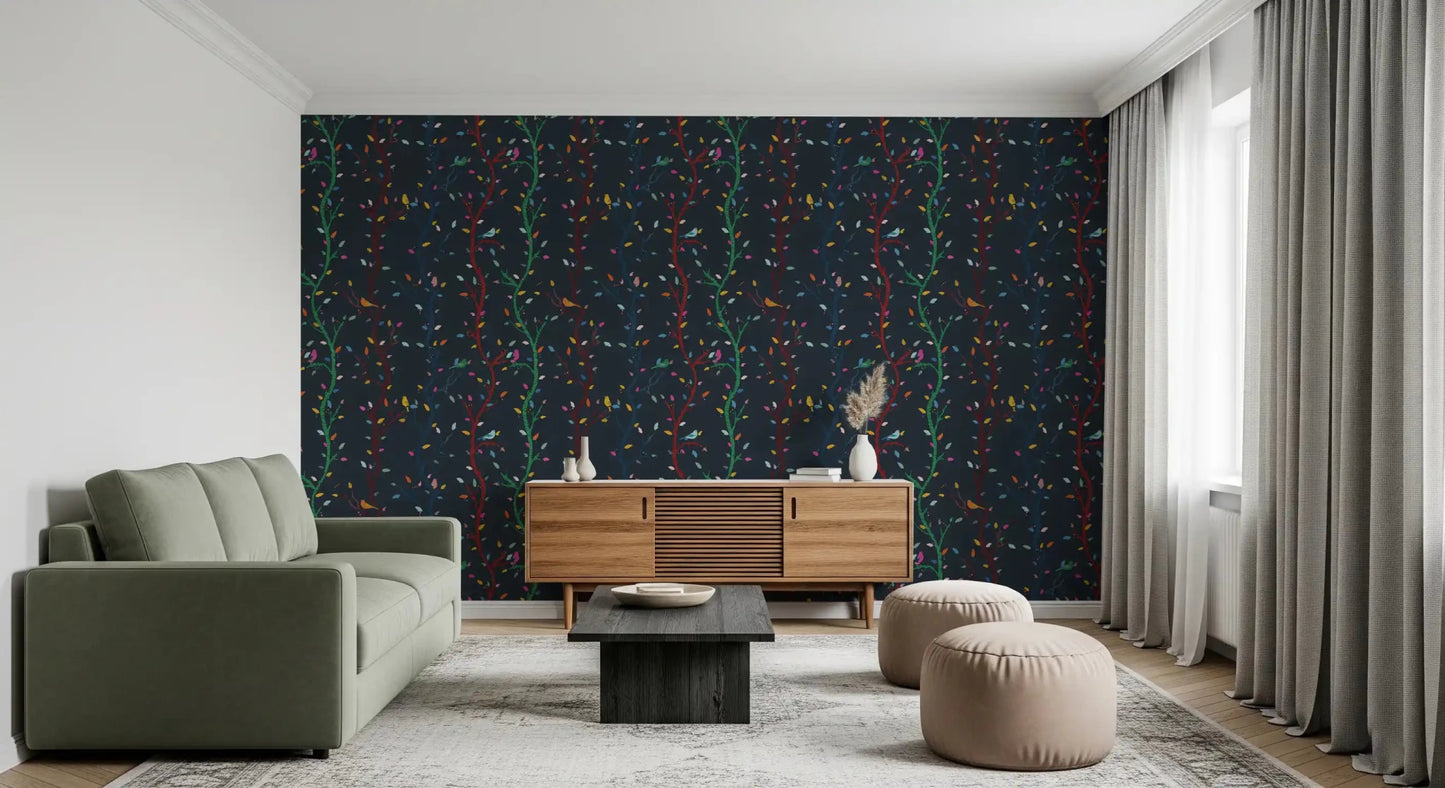 Repeating branch pattern of the Midnight Woodland Birds custom wall mural.GD9465
