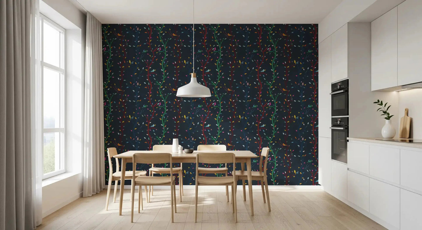 Colorful leaf pattern displayed on the Woodland Birds and Branches wallpaper.⁠GD9465