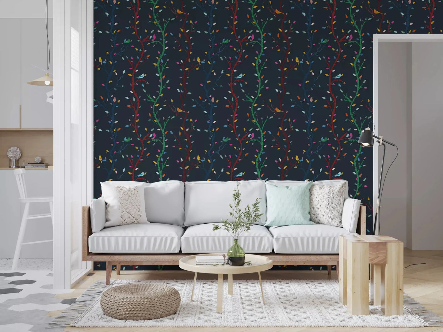 Minimalist sitting room featuring Midnight Woodland Birds wall mural details.D9465