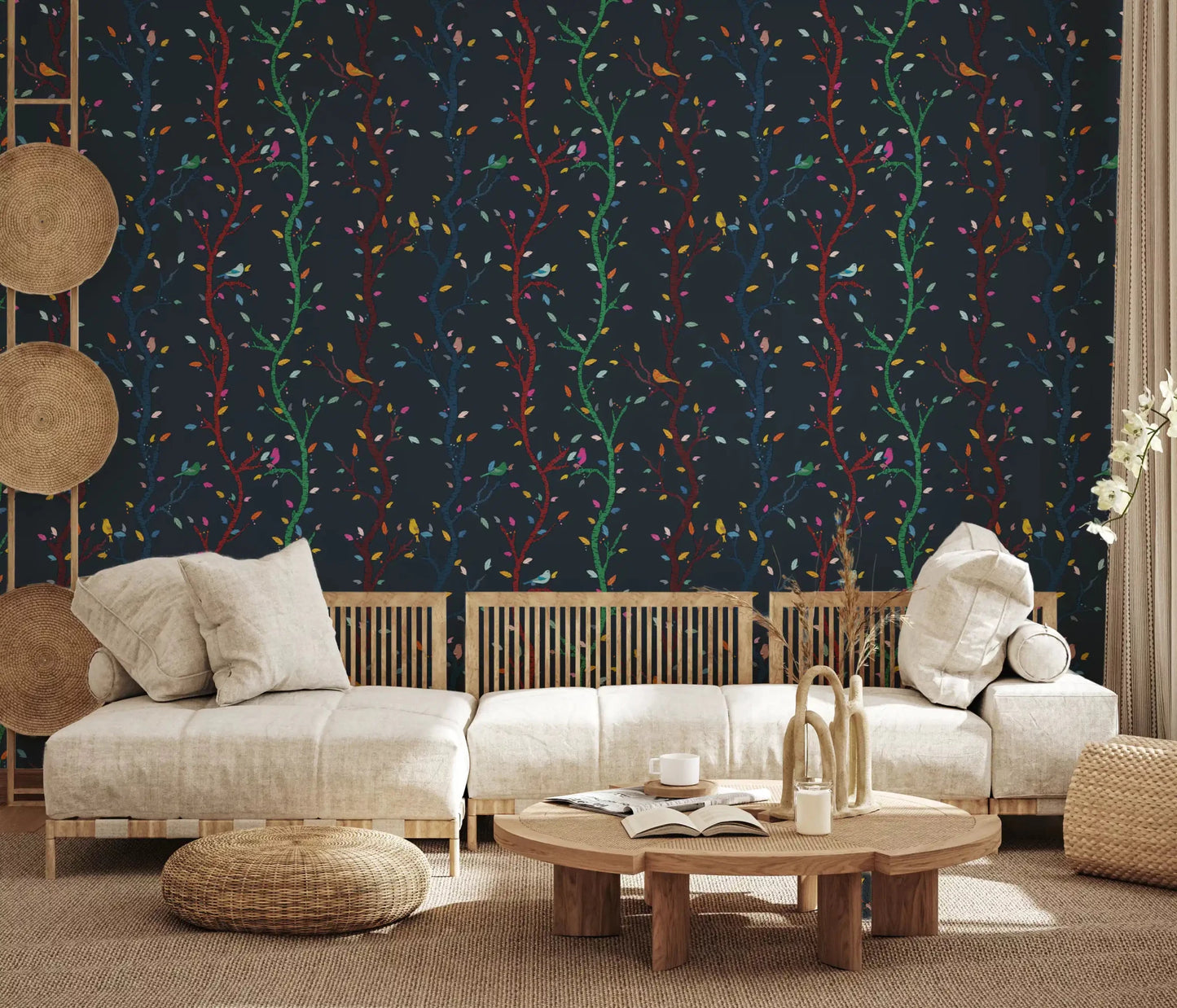 Intricate bird pattern on this Midnight Woodland Branches with Birds wallpaper.⁠GD9465