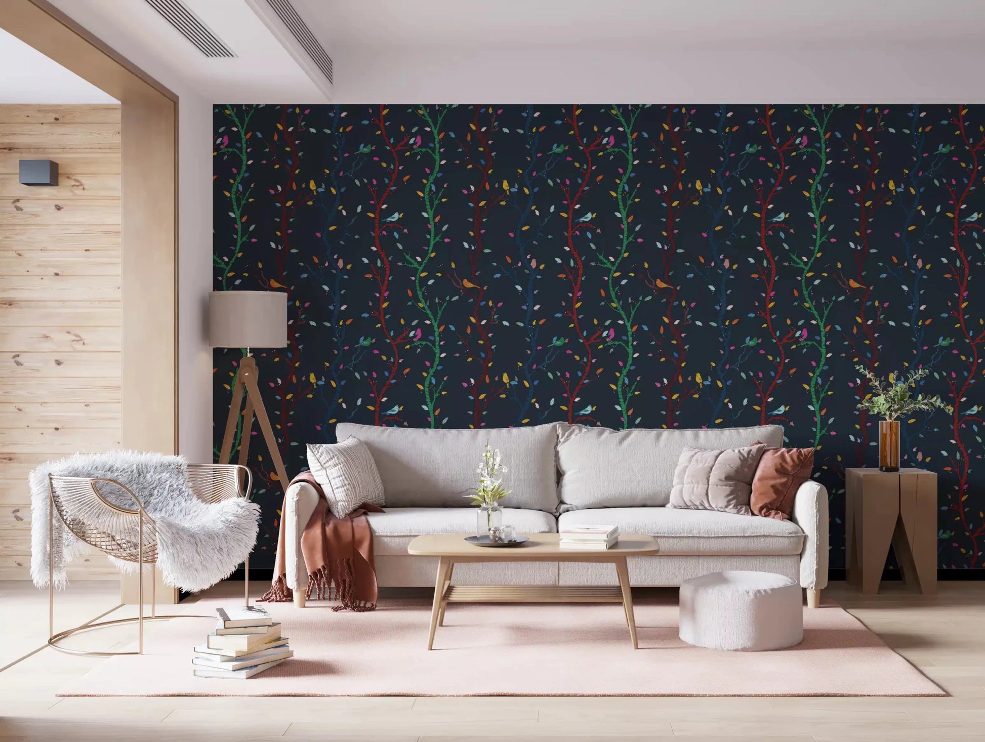 Living room area accented by this Midnight Woodland Birds custom wall mural.GD9465
