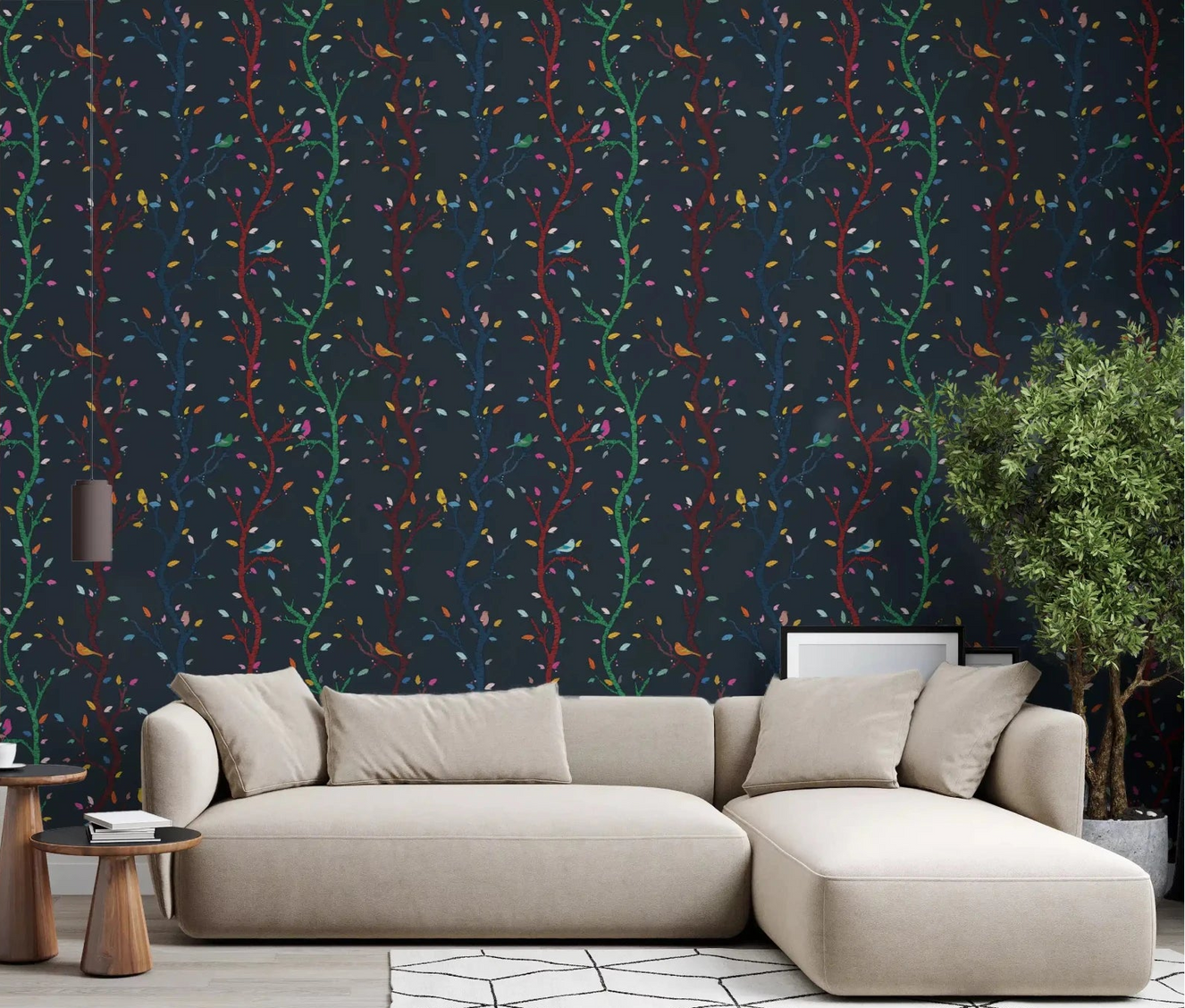 Spacious lounge featuring Midnight Woodland Birds wall mural as a focal point.GD9465