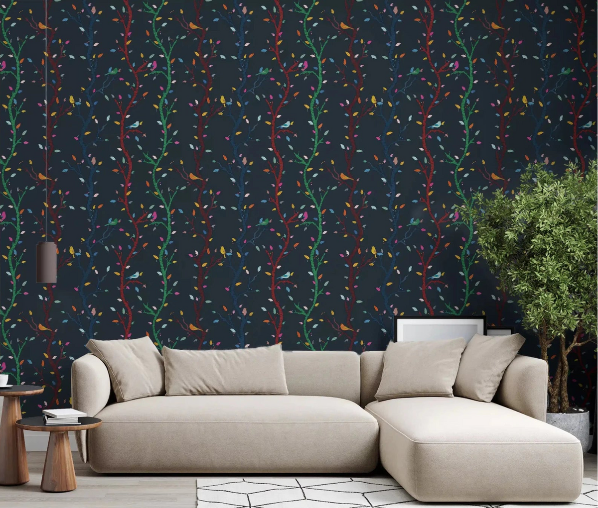 Spacious lounge featuring Midnight Woodland Birds wall mural as a focal point.GD9465