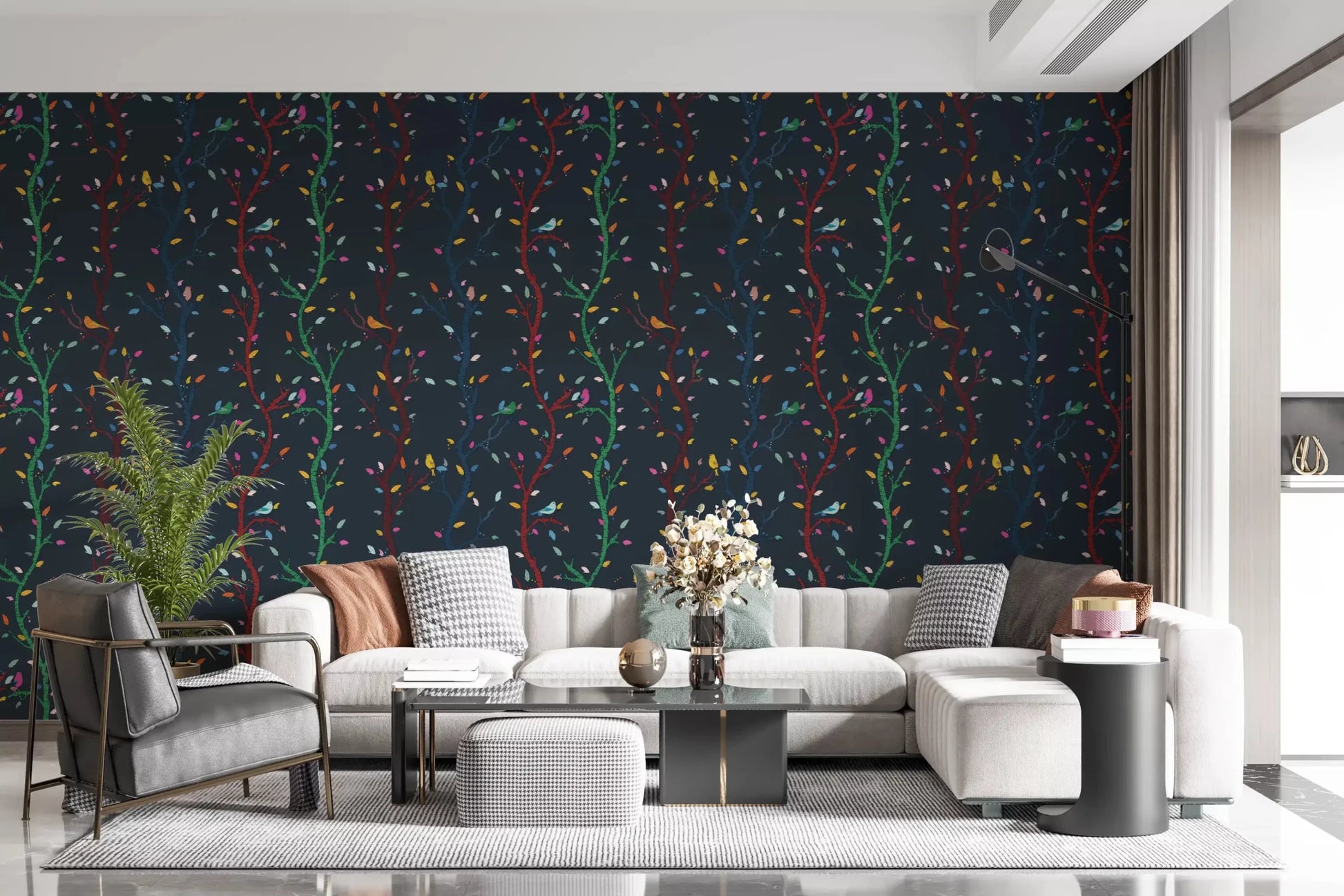 Large open lounge displaying the Woodland Birds and Branches wallpaper.GD9465