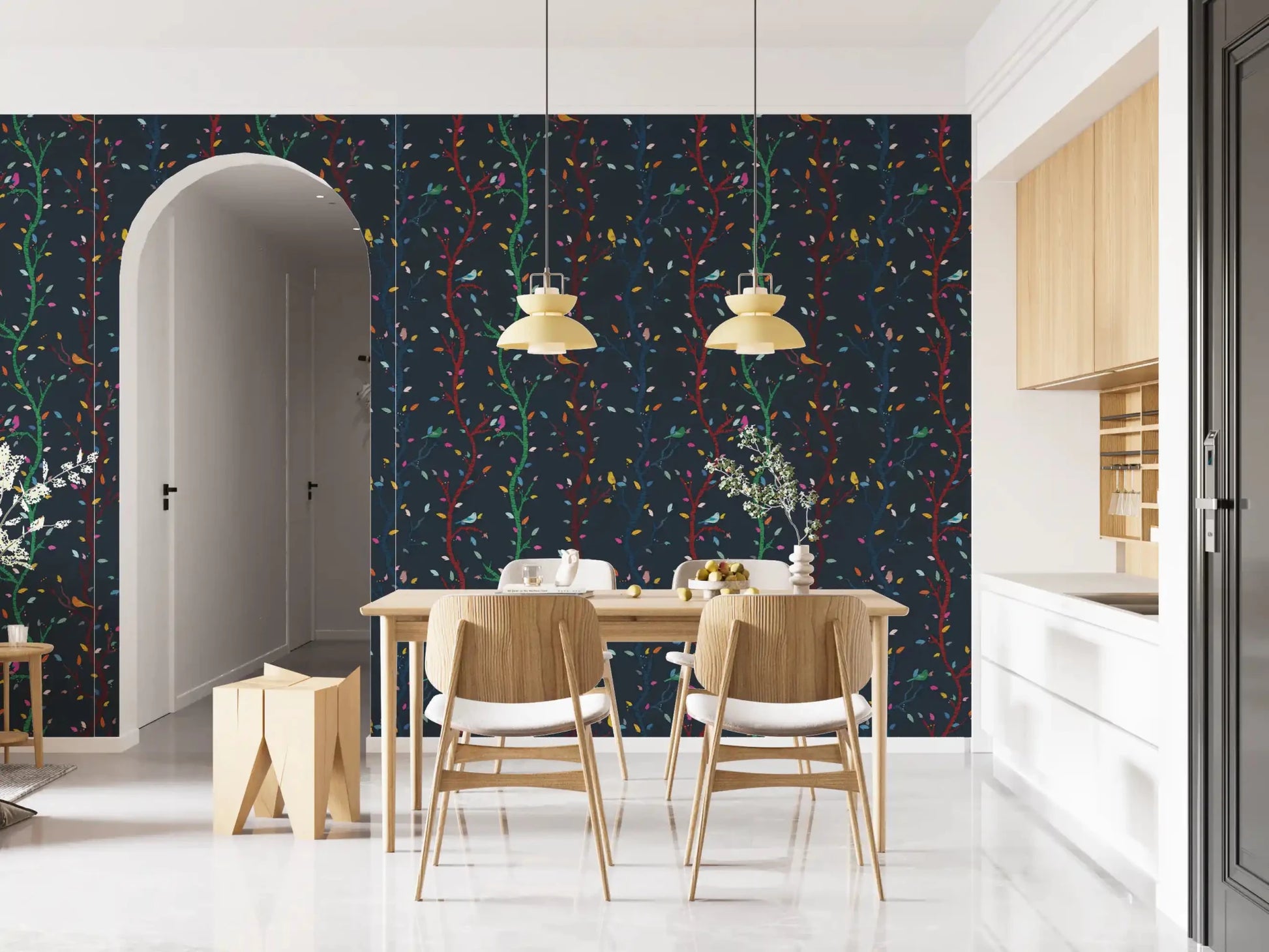 Whimsical avian pattern featured in this Midnight Woodland Birds wall mural.GD9465