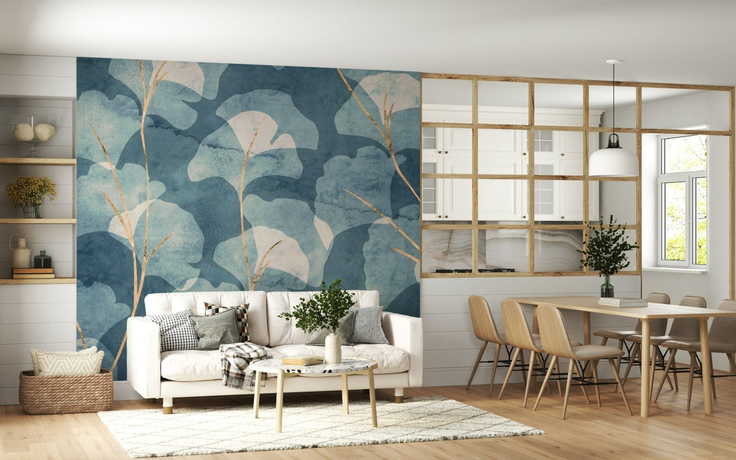 Cyanotype wall mural with ginkgo leaves in layered blues