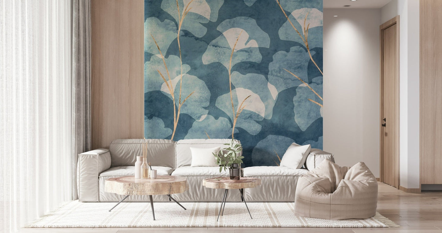 Sophisticated wallpaper for walls Midwinter Gingko Cyanotype deep azure.