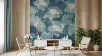 Midwinter Gingko Cyanotype peel and stick wallpaper floral design.