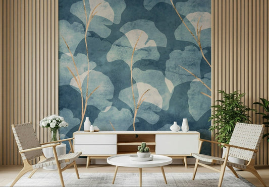 Midwinter Gingko Cyanotype peel and stick wallpaper floral design.