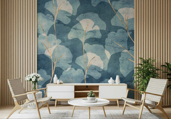 Midwinter Gingko Cyanotype peel and stick wallpaper floral design., GD7430