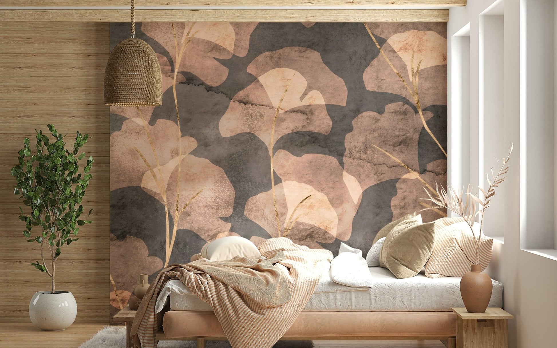 Sepia ginkgo leaf wall mural with soft watercolor texture