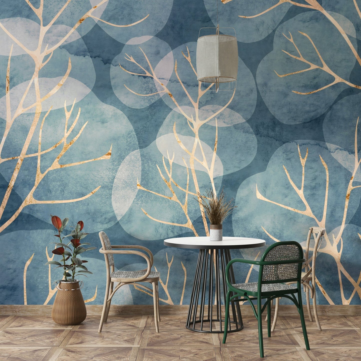 Botanical leaf design in cyanotype wall mural

