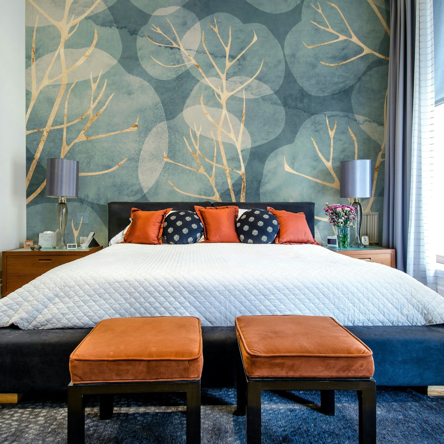 Detailed cyanotype leaf wall mural for interiors


