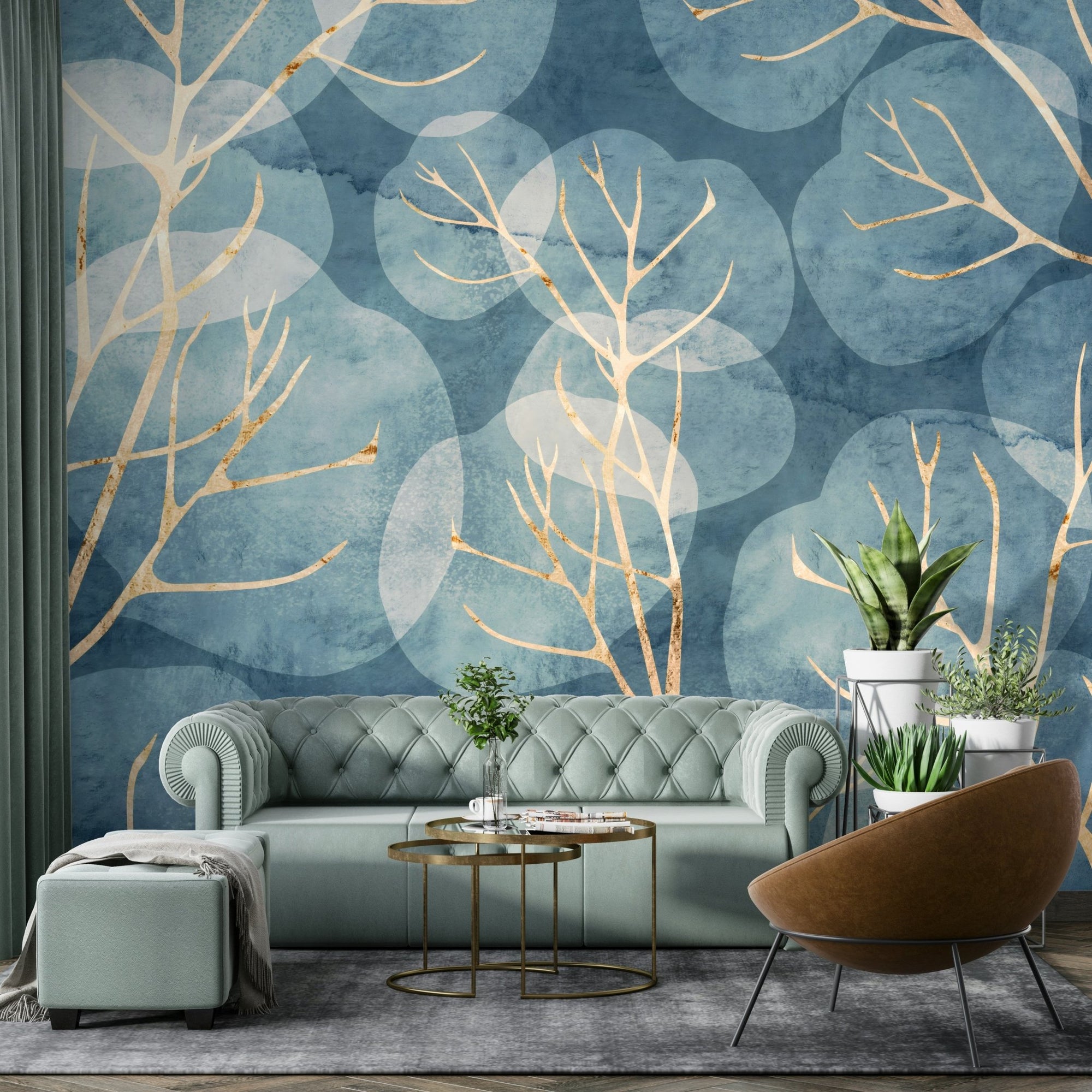 Midwinter Leaf Cyanotype Wall Mural in blue tones, GD1503