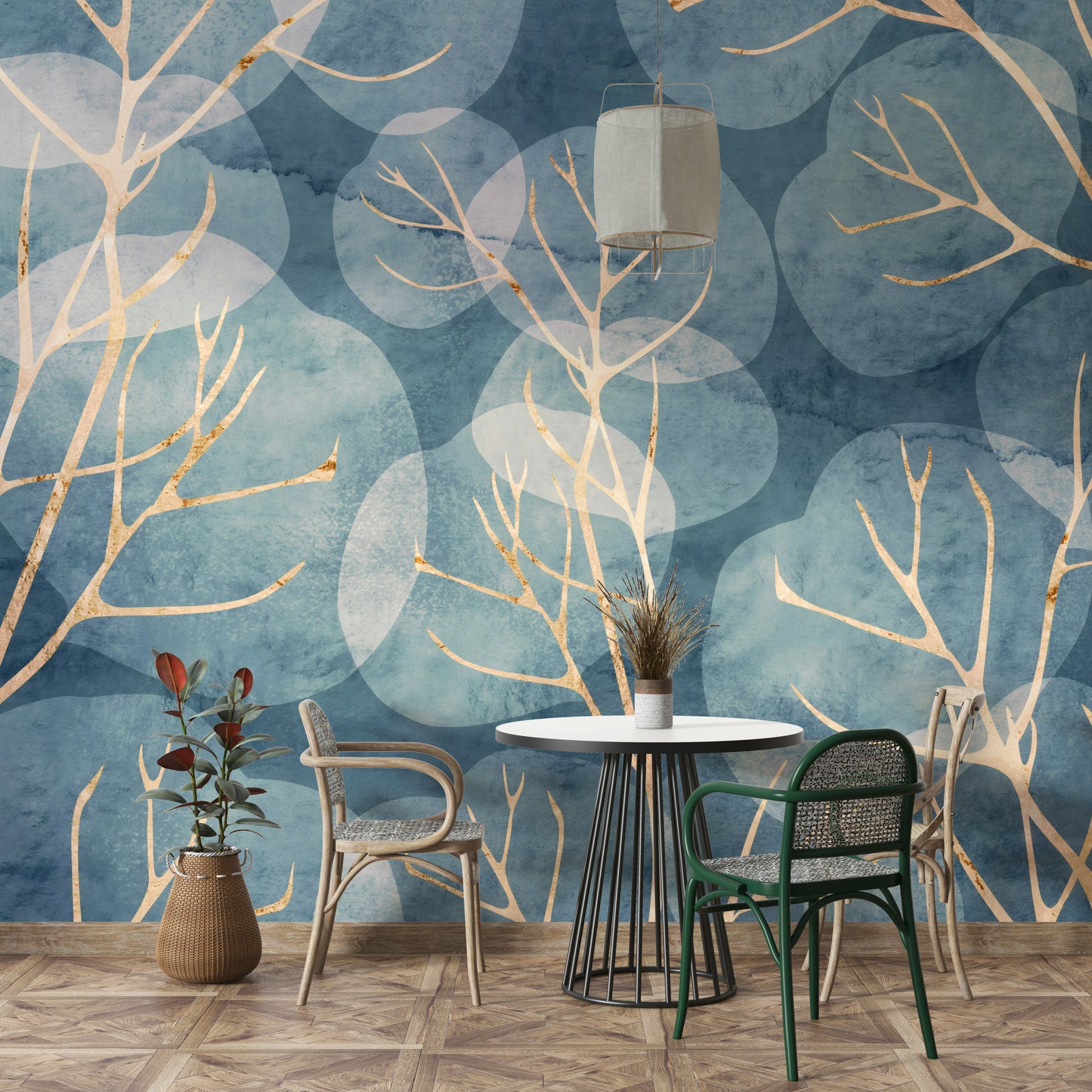 Botanical leaf design in cyanotype wall mural

